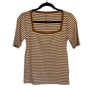 J.Crew‎ Perfect Fit Elbow Sleeve Square Neck Tee Brown White Stripe Size Medium